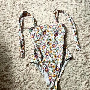 Floral Whimsical Cottage Core Pixie Shoulder Tie One Piece Swimsuit Womens XS
